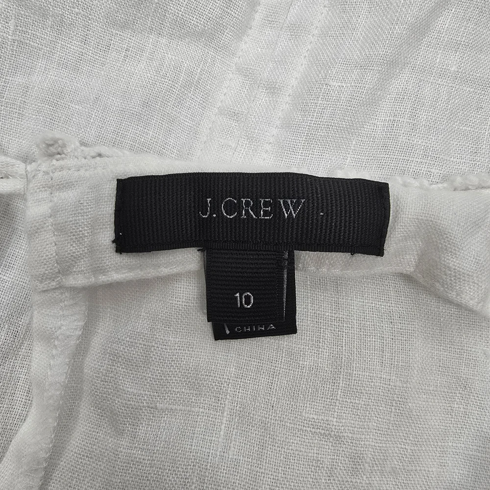 J. Crew White Linen Fringe French Knot Boxy Beachy Long Sleeve Top sz 10